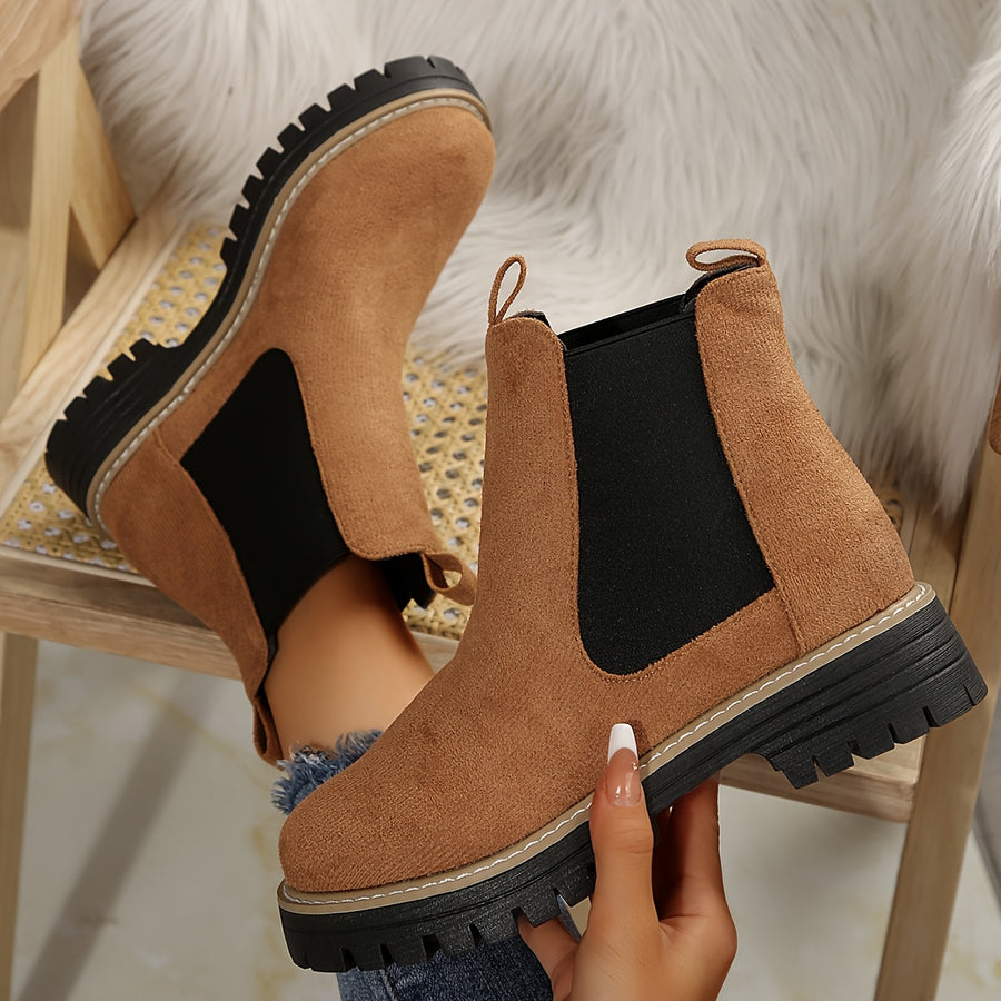 Bottines Chelsea Femme Semelle Crantée, Aspect Daim – coloris camel