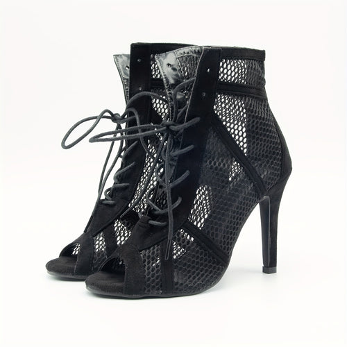 Bottines d'Été Femme Résille à Lacets, Bout Ouvert – coloris noir
