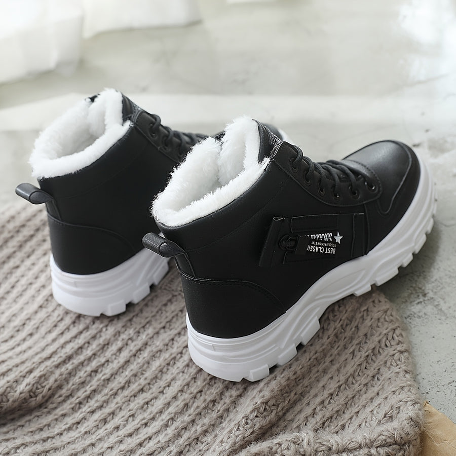 Bottes Plateforme Femme à Lacets, Col Fourrure – coloris noir