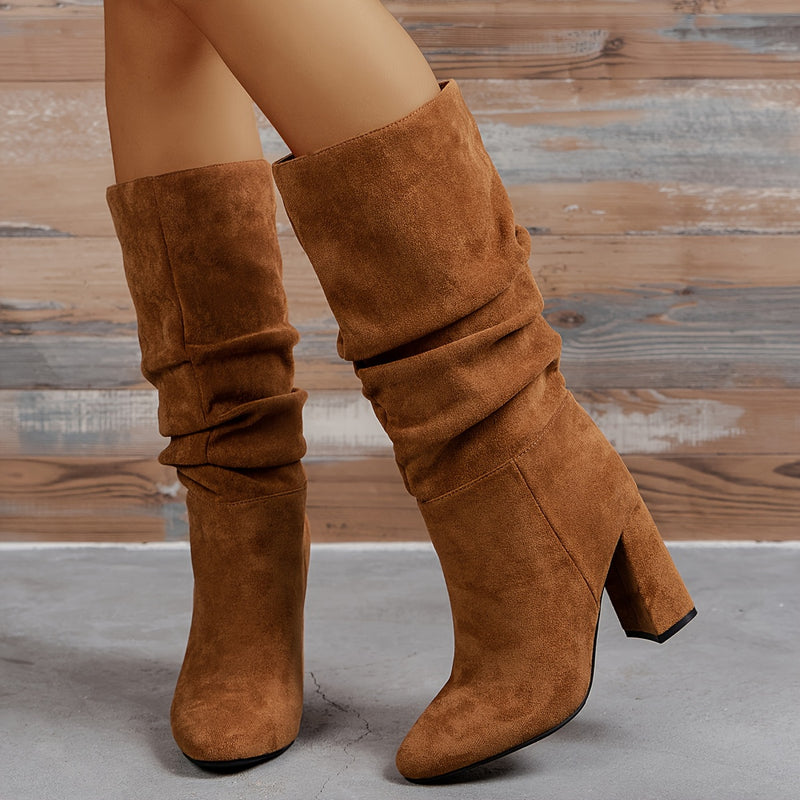 Bottes Mi-Mollet Femme Plissées, Aspect Daim, Talon Haut – coloris camel, vue 2