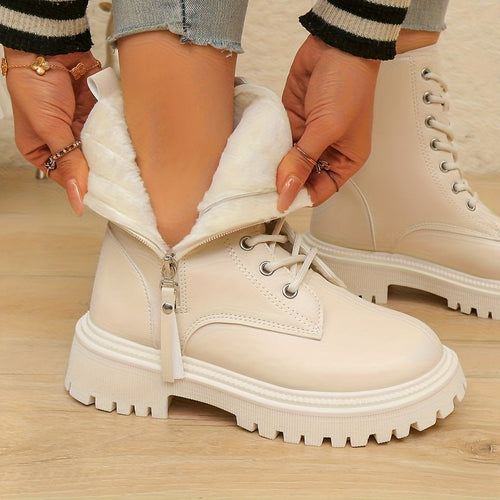 Bottines Fourrées Femme Style Rangers, Lacets et Zip – coloris blanc cassé