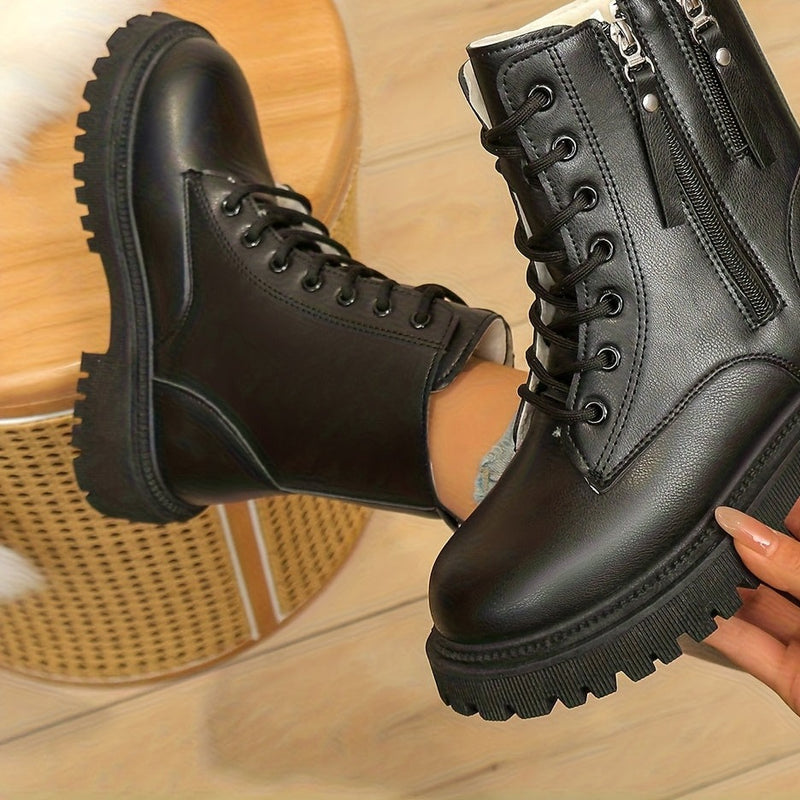 Bottines Fourrées Femme Style Rangers, Lacets et Zip, vue 2