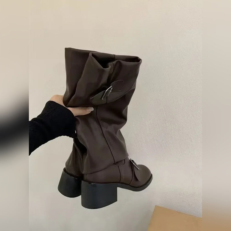 Bottes Motardes Femme Similicuir Plissées, Talon Bloc – coloris marron