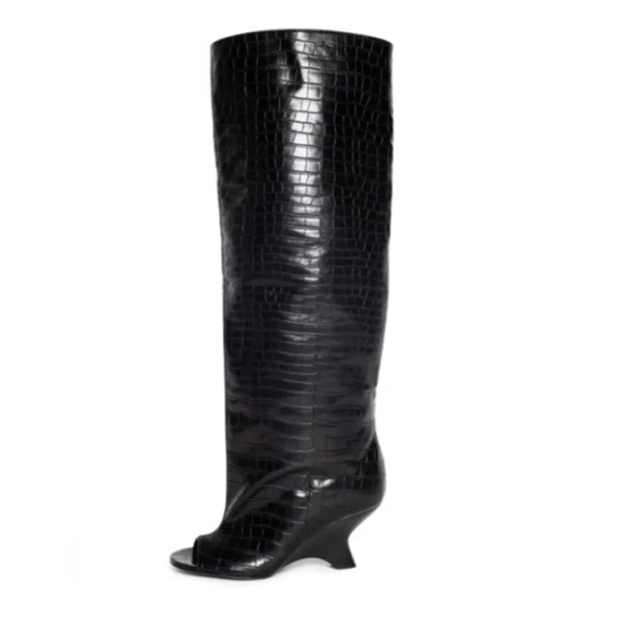 Bottes Hautes Femme Bout Ouvert, Microfibre, Talon Compensé – coloris noir croco