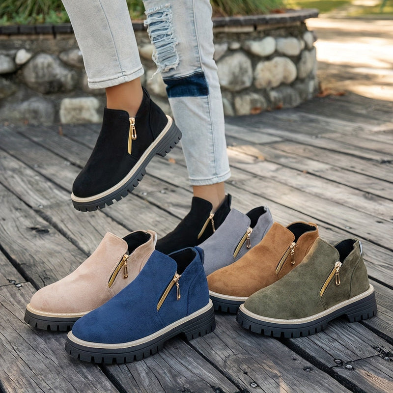 Bottines Femme Aspect Daim, Double Zip, Semelle Crantée