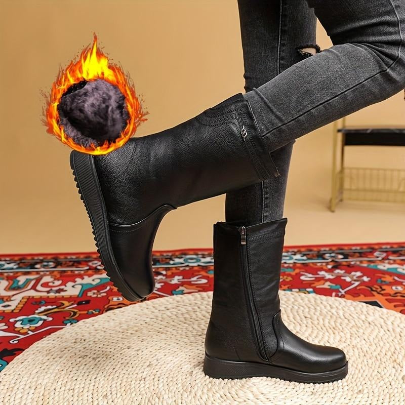 Bottes fourrées femme mi-mollet en similicuir noir, fermeture éclair latérale