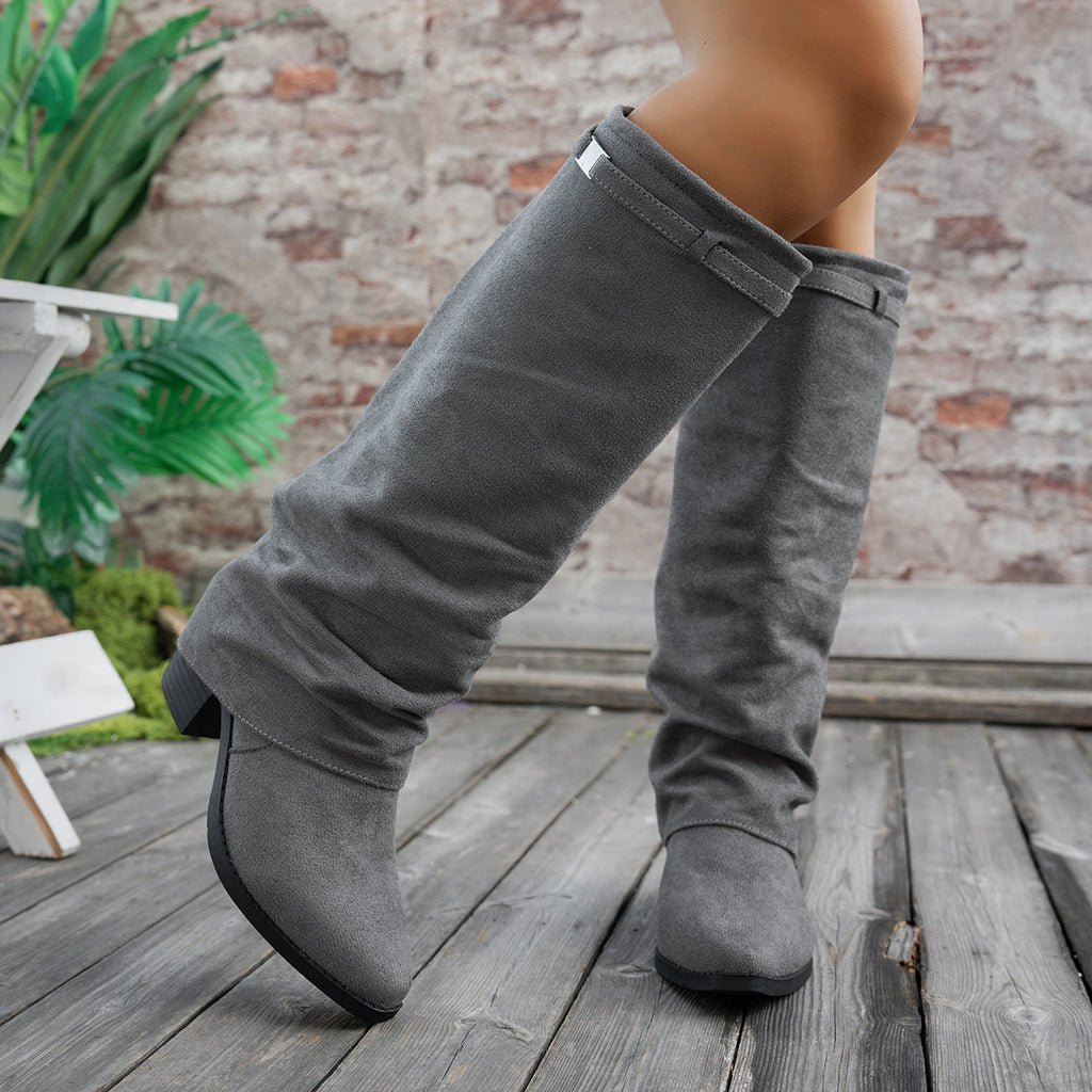 Bottes Hautes Femme à Revers, Aspect Daim, Bout Pointu, vue 7