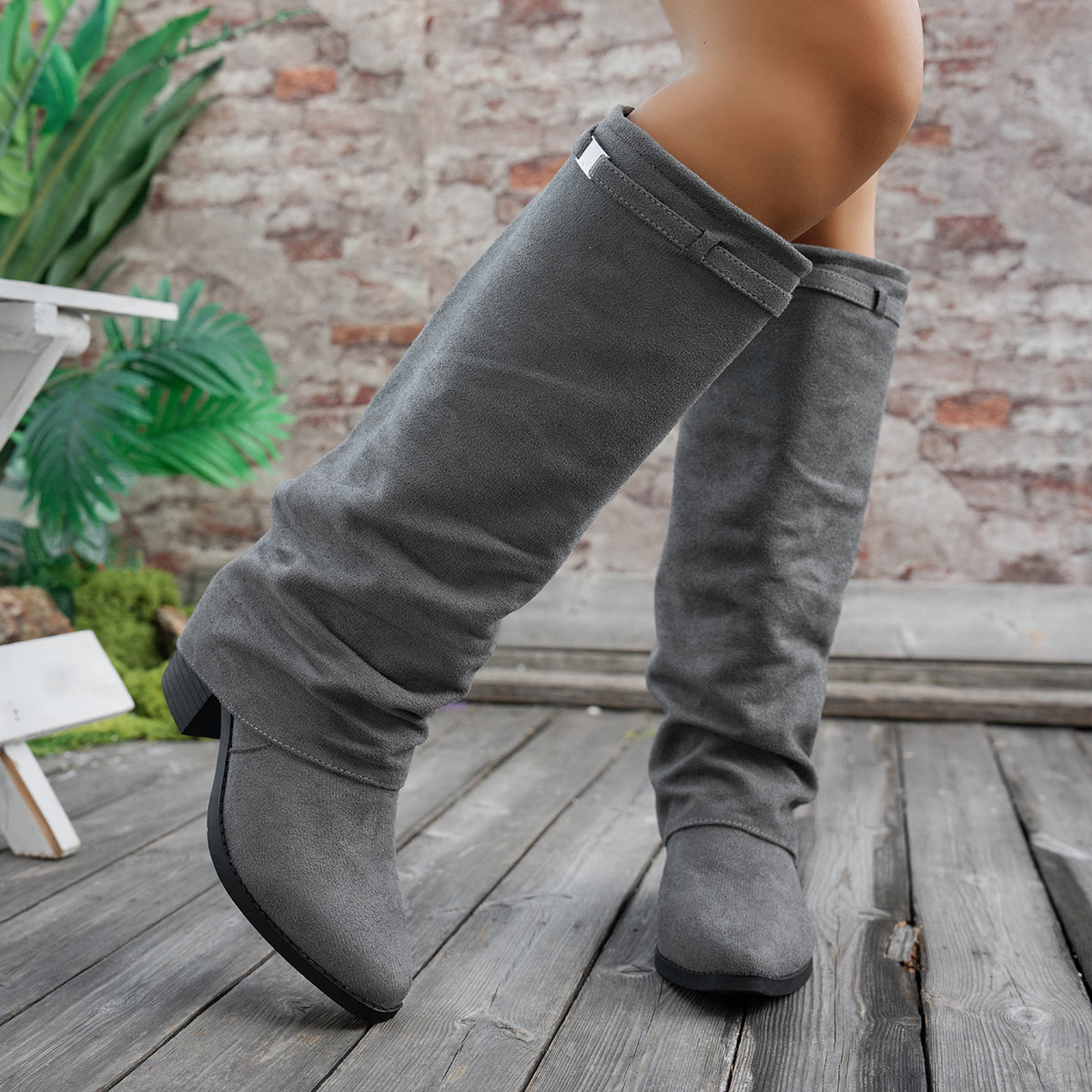 Bottes Hautes Femme à Revers, Aspect Daim, Bout Pointu, vue 7