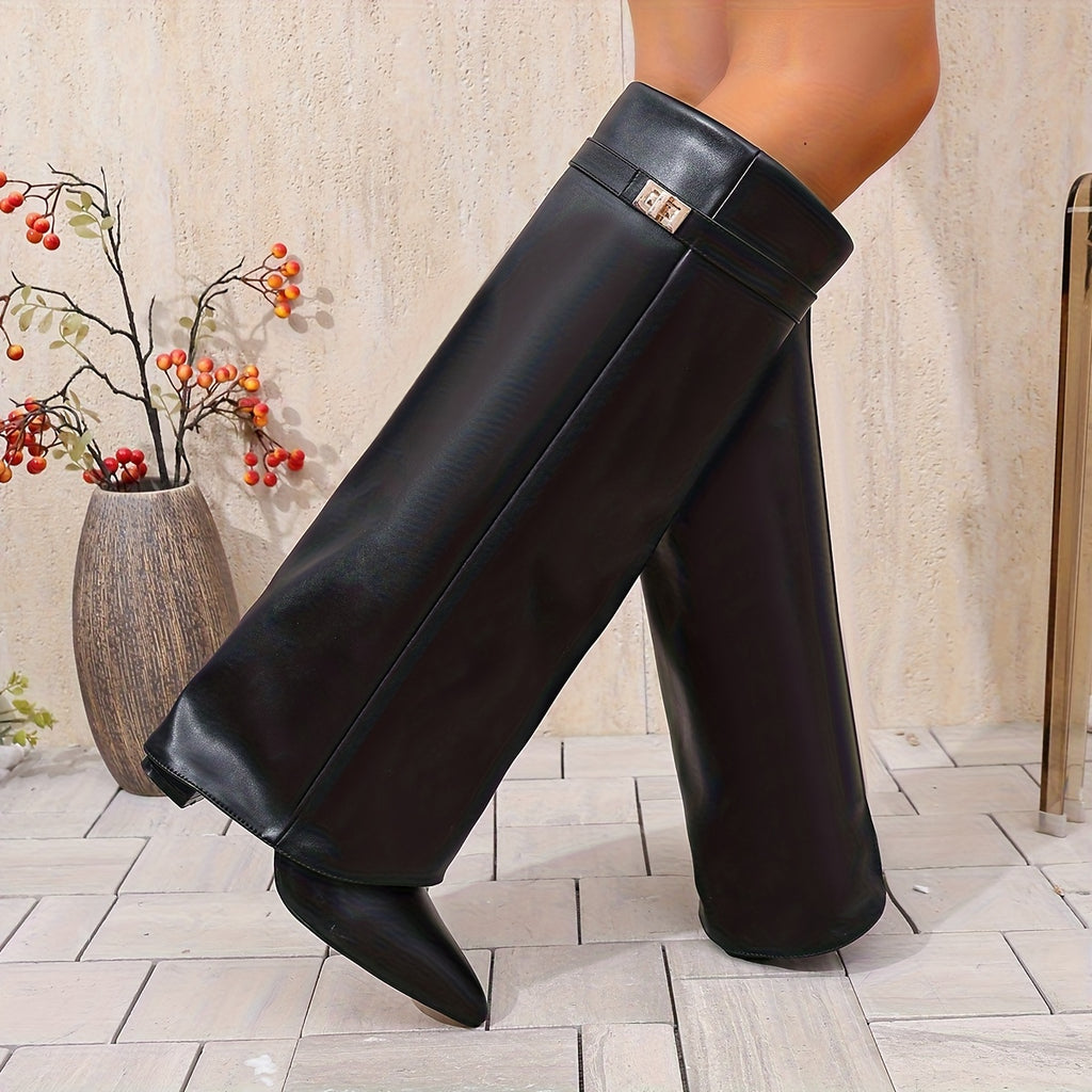 Bottes à Revers Femme Similicuir, Fermoir Doré, Bout Pointu, vue 6