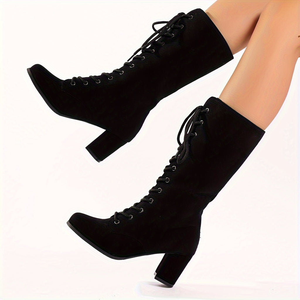 Bottes à Lacets Femme Mi-Mollet, Talon Bloc Haut, vue 4