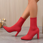 Bottes Chaussettes Femme Maille, Talon Haut, Rouge ou Noir – coloris rouge