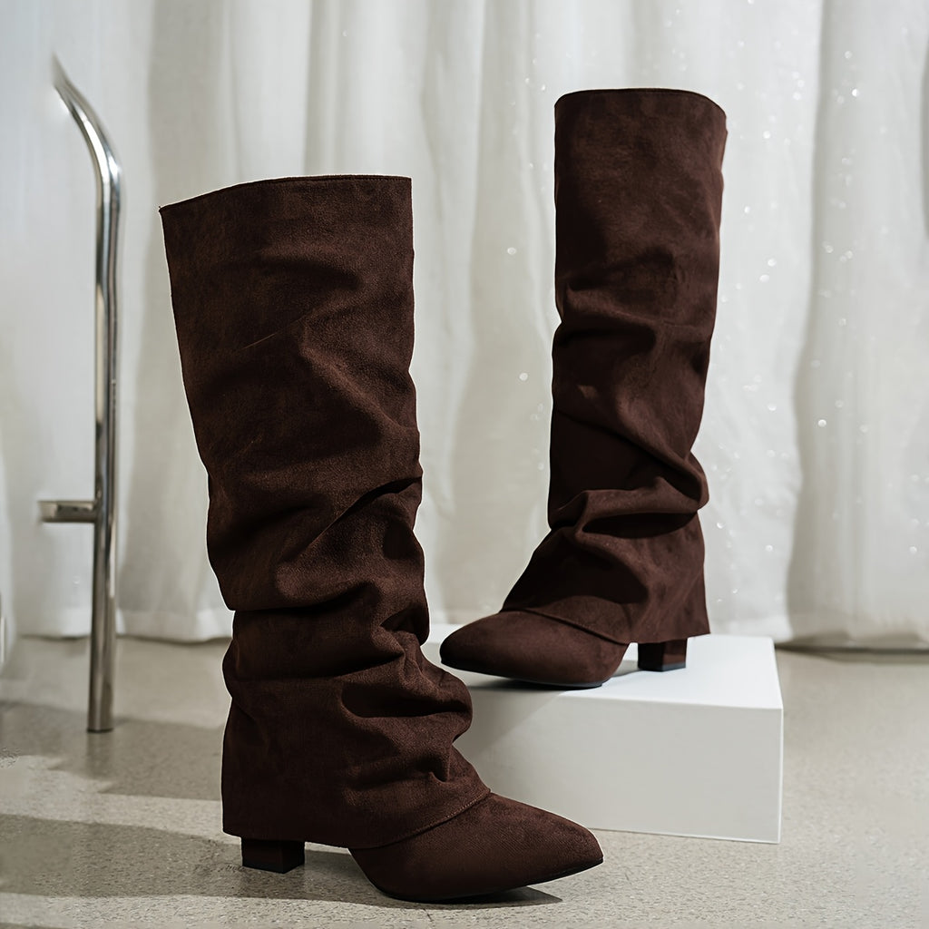 Bottes Mi-Mollet Femme Tombantes, Aspect Daim, Talon Bas