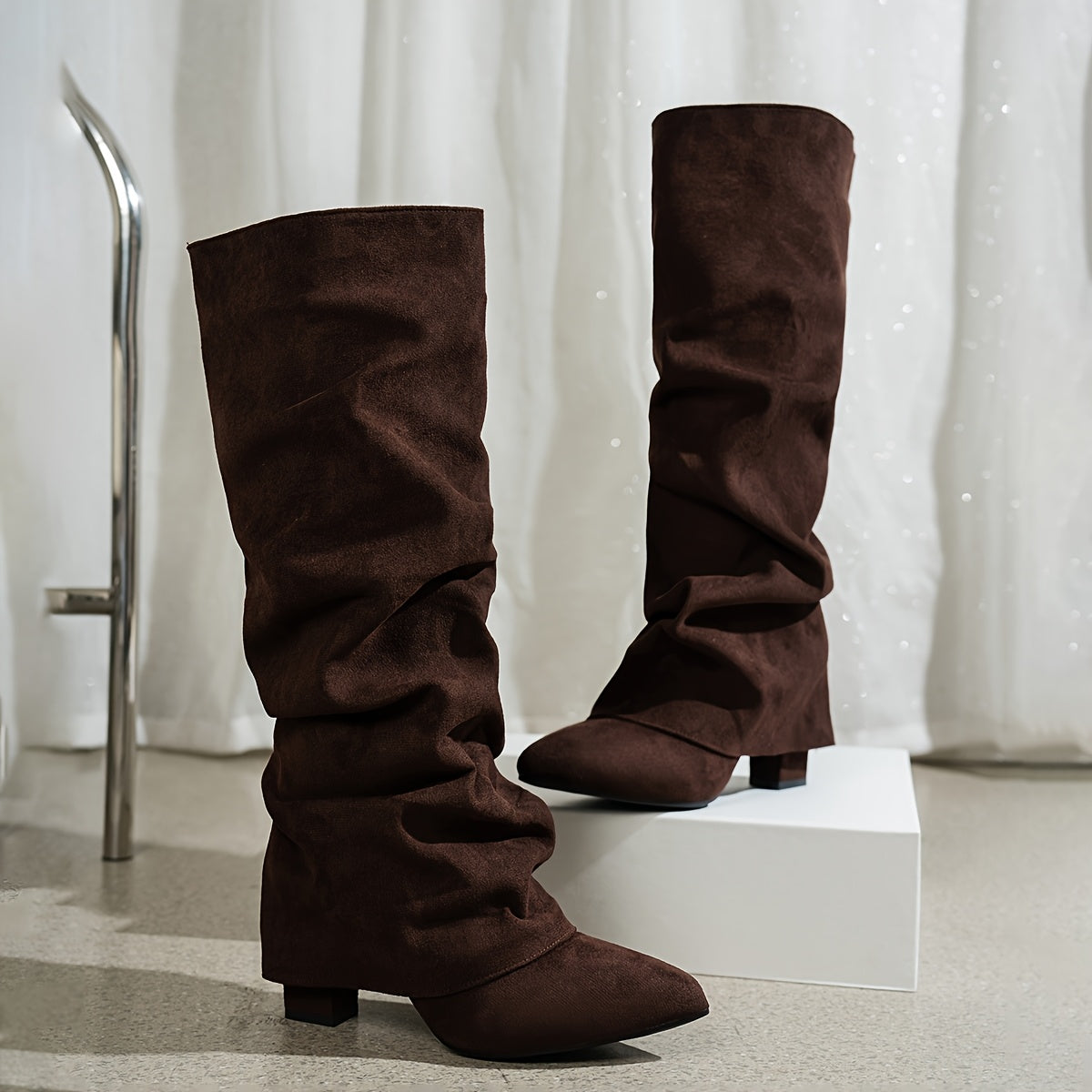 Bottes Mi-Mollet Femme Tombantes, Aspect Daim, Talon Bas