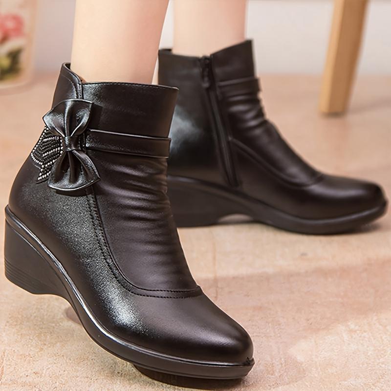 Bottines compensées femme en similicuir, nœud orné de strass, fermeture éclair