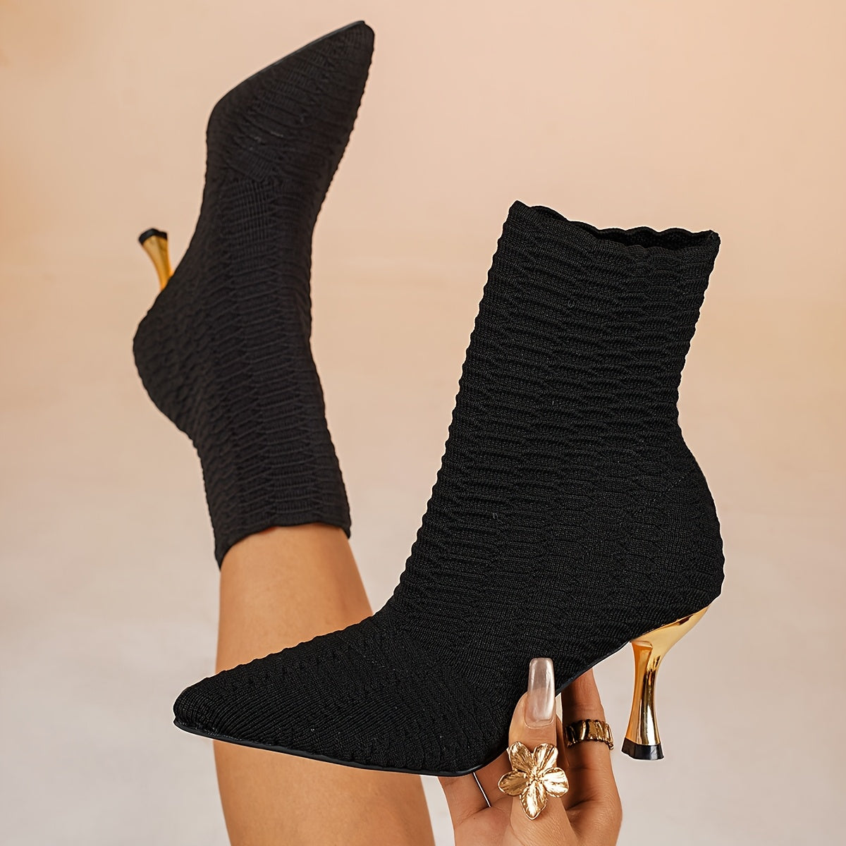 Bottes Chaussettes Femme Maille Texturée, Talon Doré – coloris noir