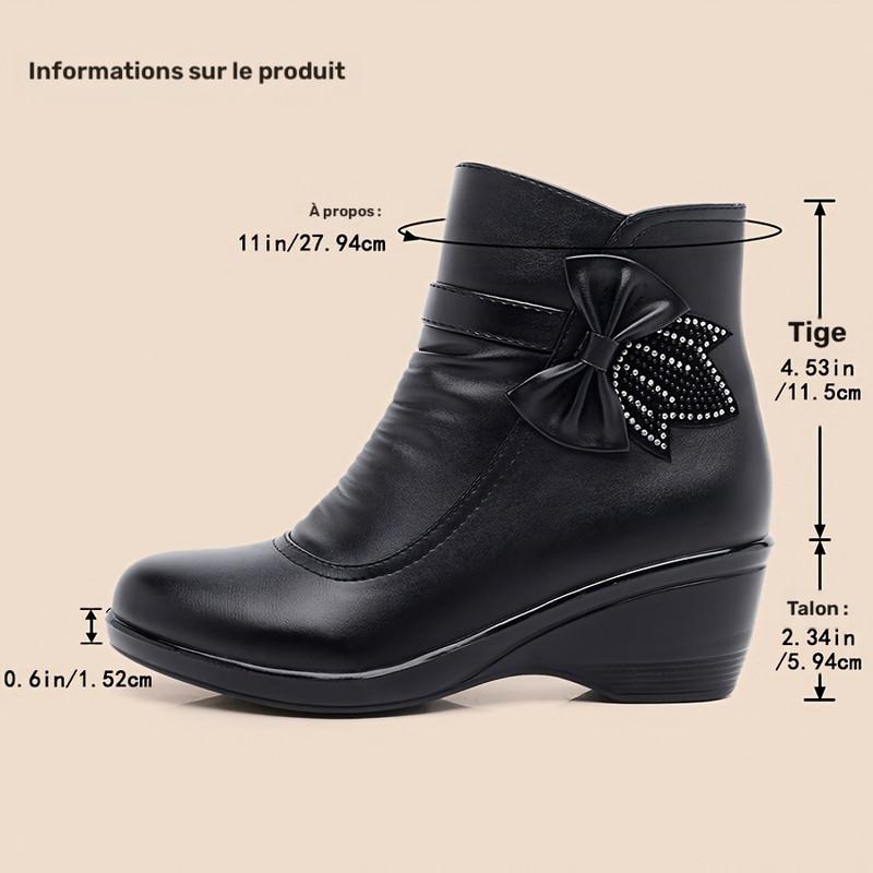 Bottines compensées femme en similicuir, nœud orné de strass, fermeture éclair