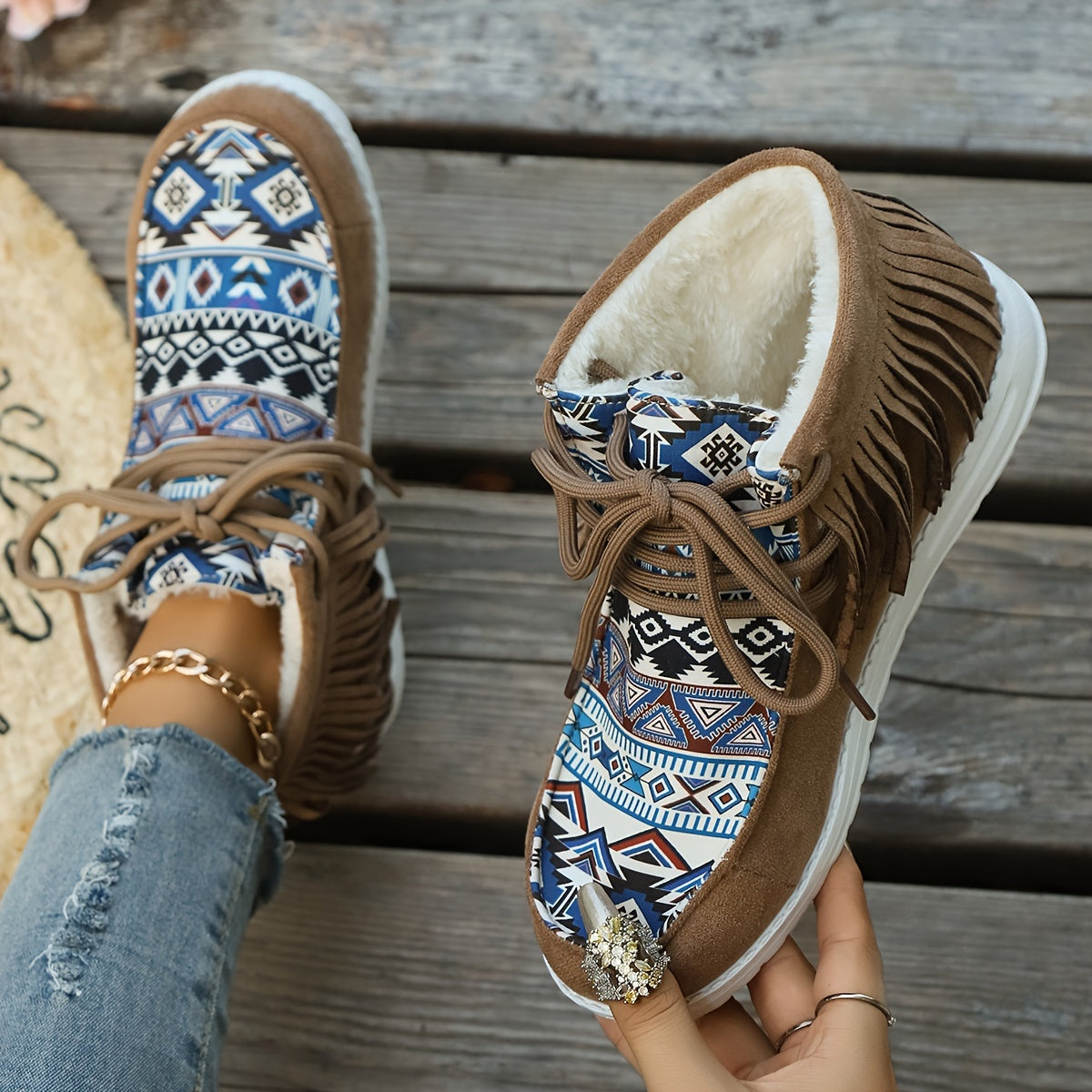 Bottines Mocassin Femme, Franges et Imprimé Aztèque, vue 10