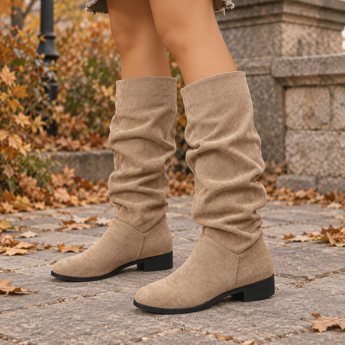 Bottes Hautes Femme Aspect Daim, Tige Froncée, Talon Bas, vue 3