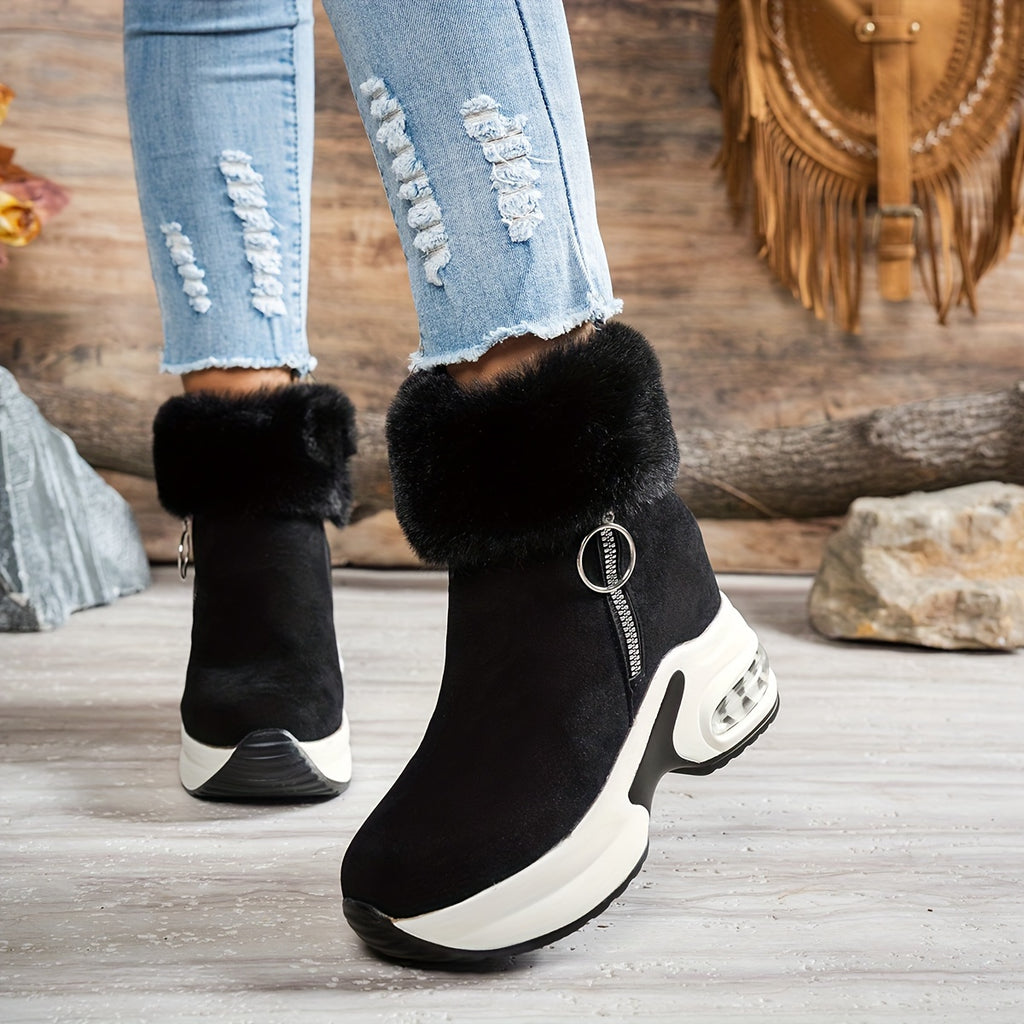 Bottines Plateforme Effet Daim, Col Fausse Fourrure, vue 9