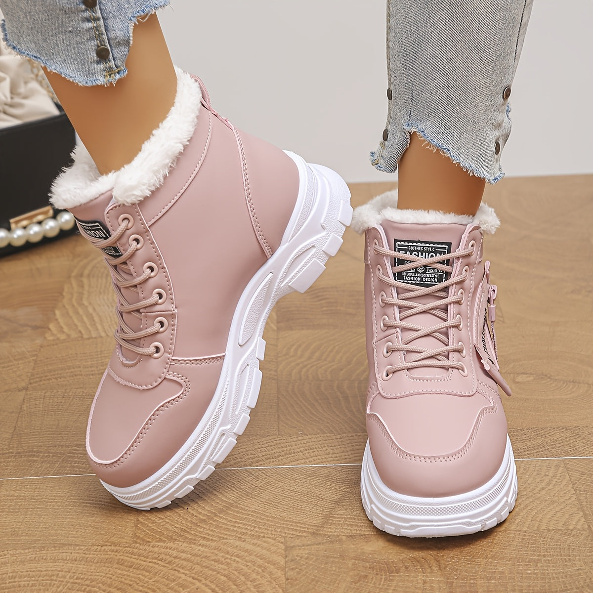 Bottes Fourrées Femme Style Basket, Similicuir, Lacets, vue 5