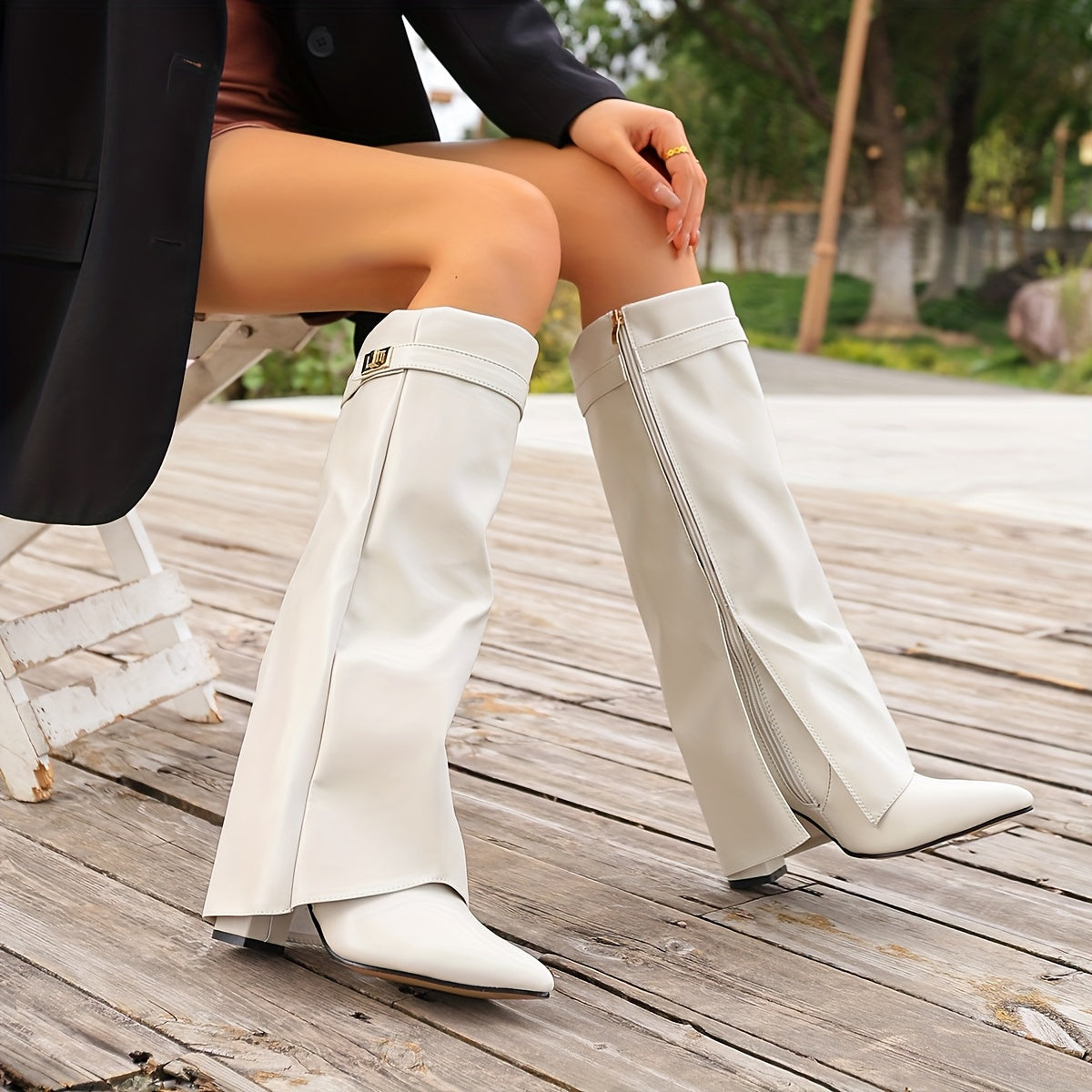 Bottes Blanches Femme à Revers, Similicuir, Fermoir Doré, vue 2