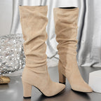 Bottes Femme Mi-Mollet, Talon Bloc, Bout Pointu – coloris beige