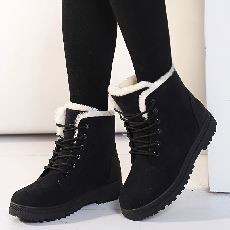 Bottes Fourrées Femme à Lacets, Aspect Daim, Col Peluche – coloris noir