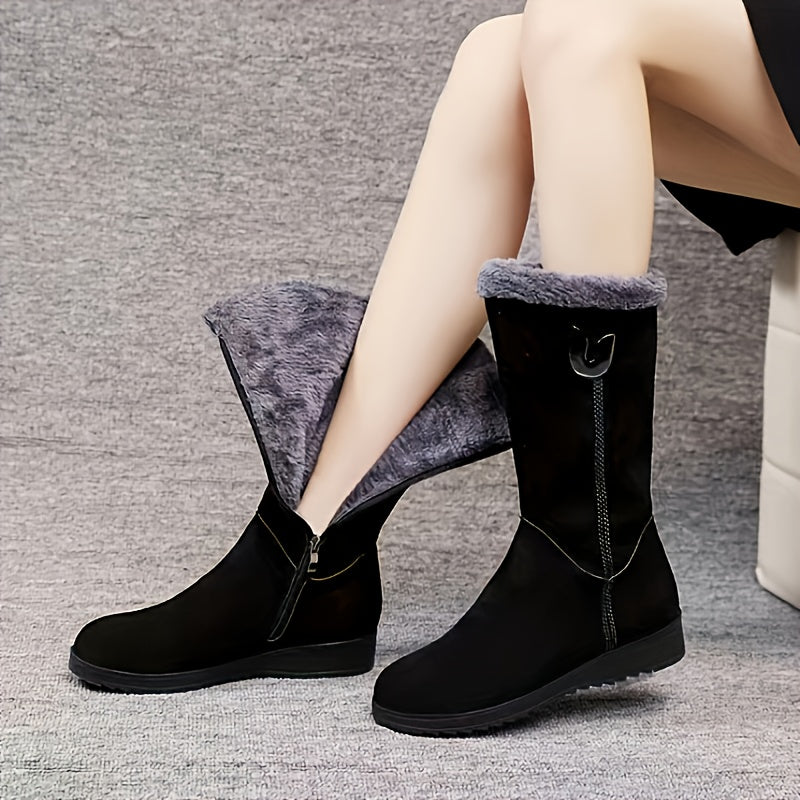 Bottes Fourrées Femme Mi-Mollet, Aspect Daim, Zip – coloris noir