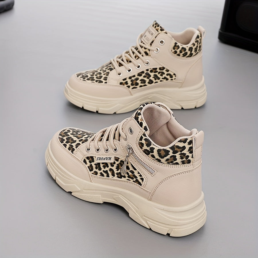 Bottes Montantes Chunky Femme, Lacets et Zip – coloris léopard