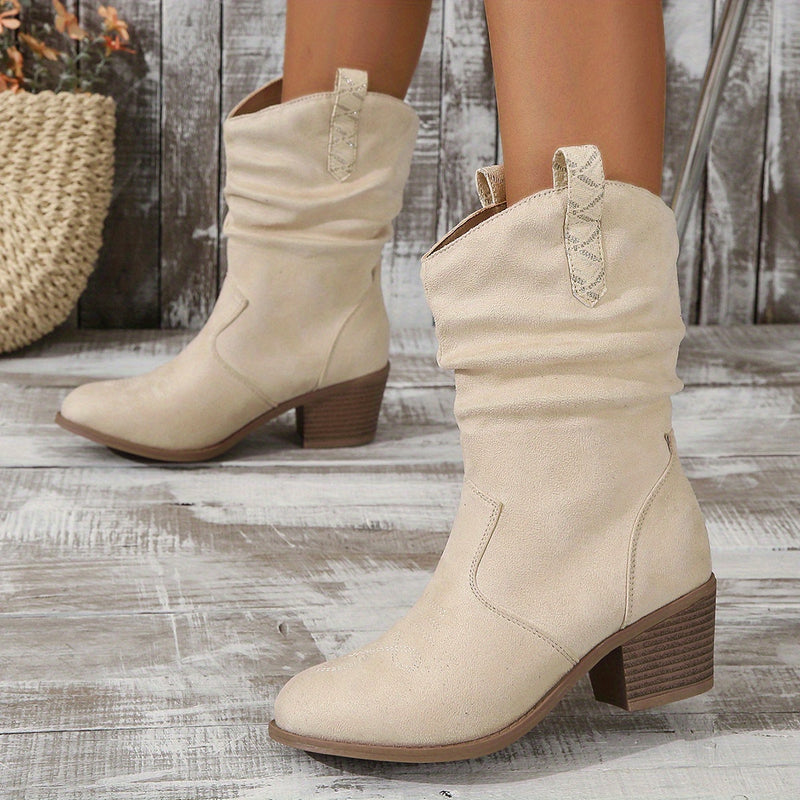 Bottes Western Femme Aspect Daim, Tige Froncée Brodée – coloris écru