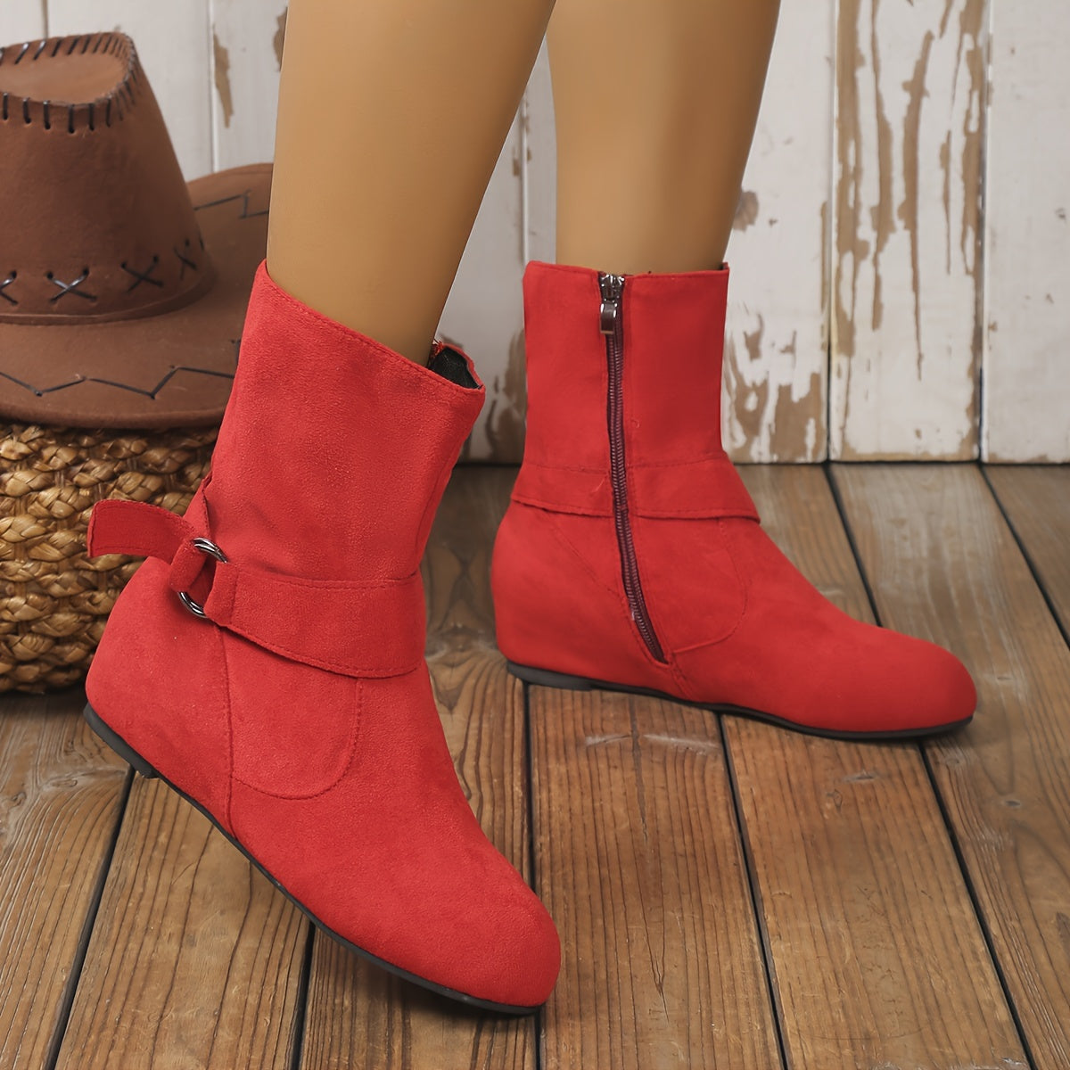 Bottines Femme Aspect Daim, Tige Froncée, Zip et Boucle, vue 16