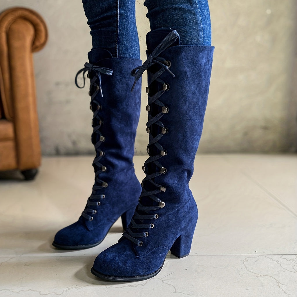 Bottes Hautes Femme à Lacets, Talon Bloc – coloris bleu, vue 2