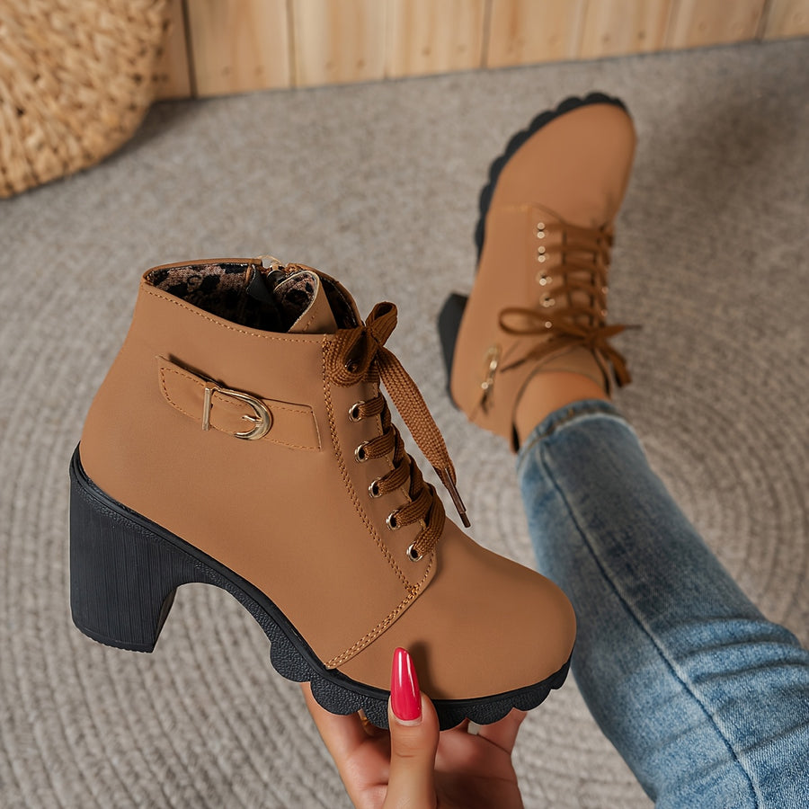 Bottines à Lacets Femme Similicuir, Talon Haut, Boucle – coloris marron