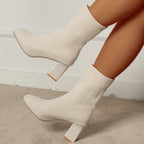 Bottes Chaussettes Femme en Tricot, Talon Bloc – coloris beige