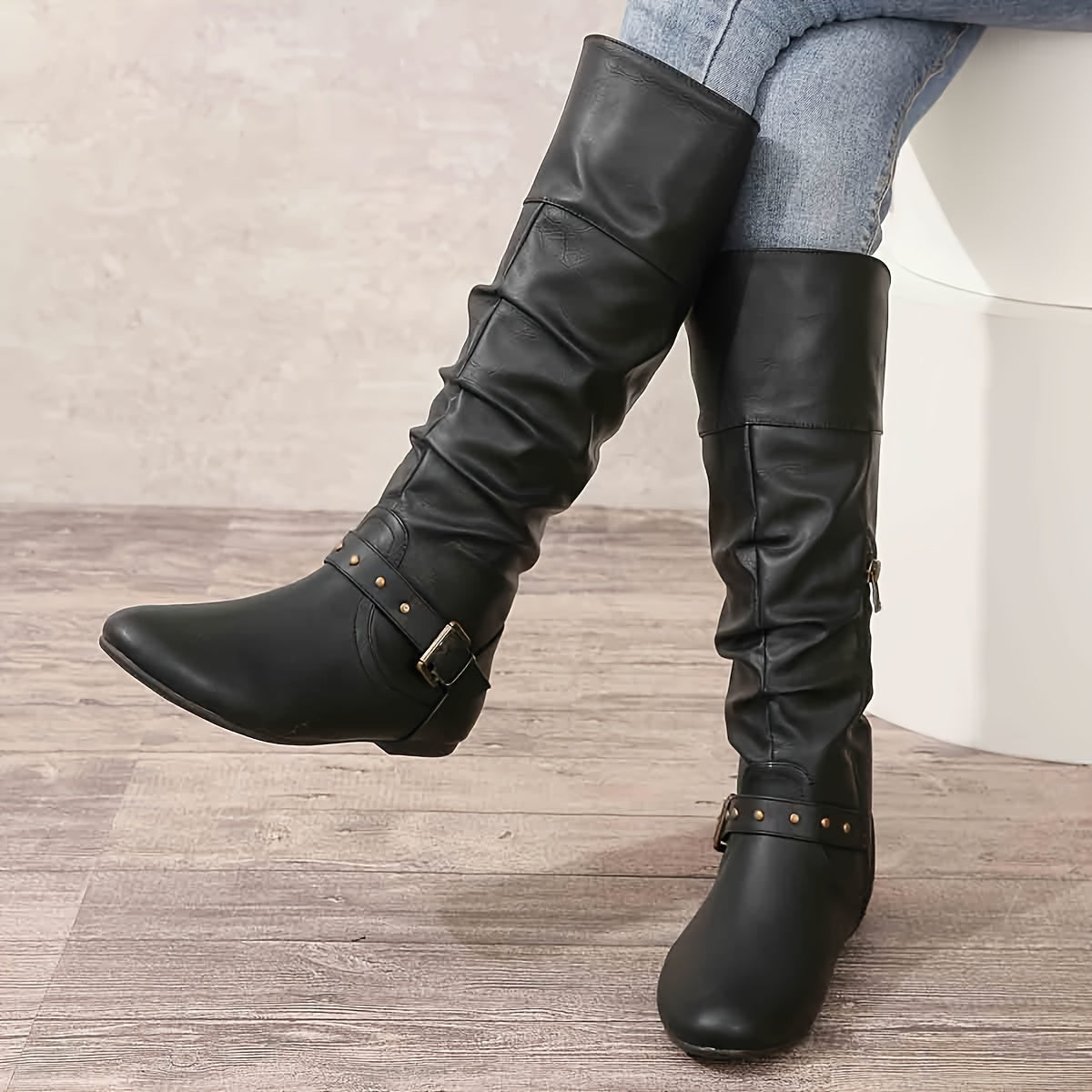 Bottes Motardes Femme Similicuir, Tige Froncée à Boucles, vue 7