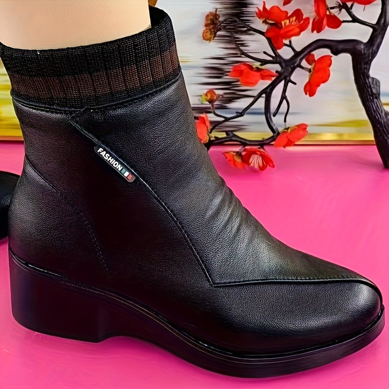 Bottines Compensées Femme, Doublure Peluche, Col Côtelé – coloris noir