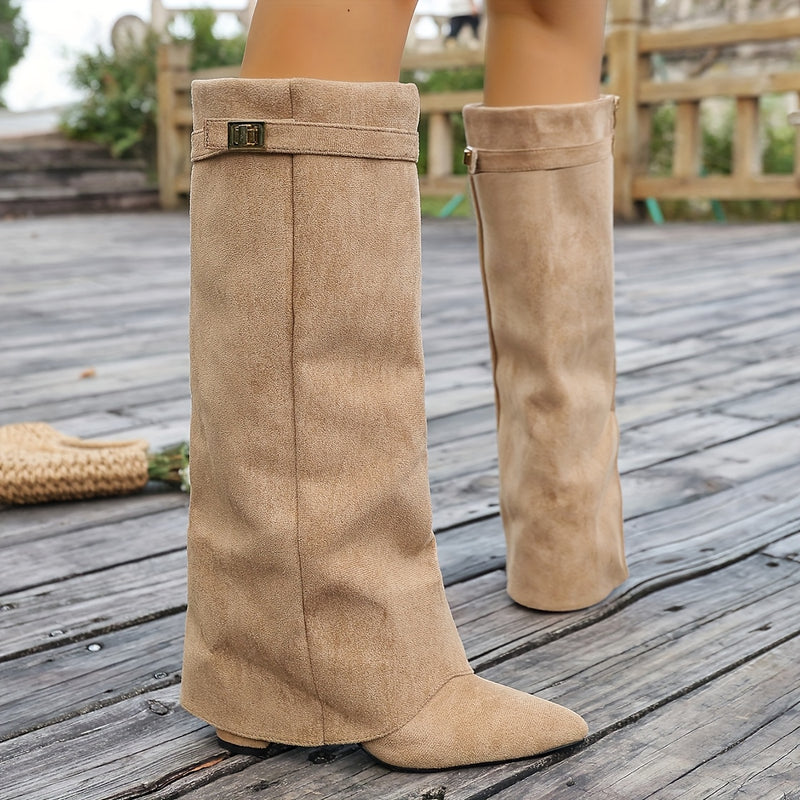 Bottes à Revers Femme Similicuir, Fermoir Doré, Bout Pointu – coloris beige