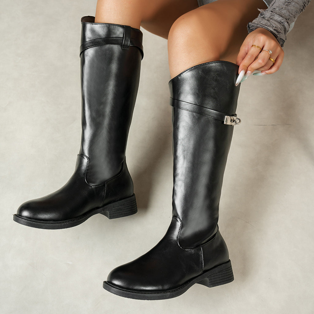 Bottes Cavalières Femme Mollet Large, Similicuir, Fermoir – coloris noir