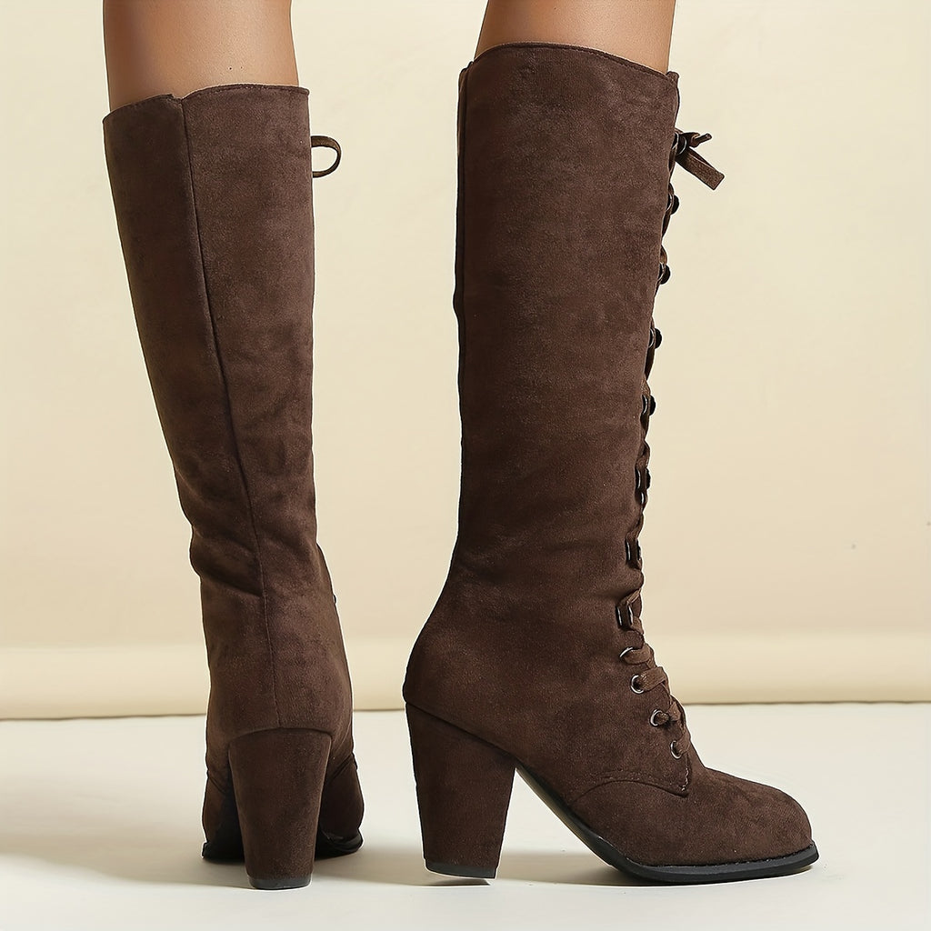 Bottes Hautes Femme à Lacets, Talon Bloc – coloris marron foncé, vue 4