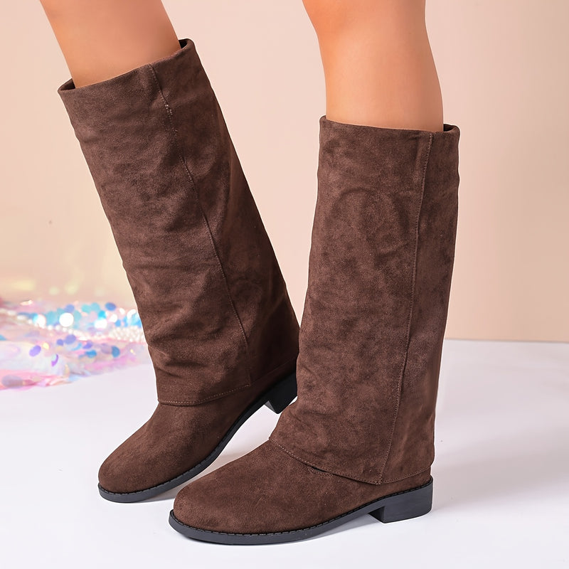 Bottes Plates Femme à Revers, Aspect Daim – coloris café