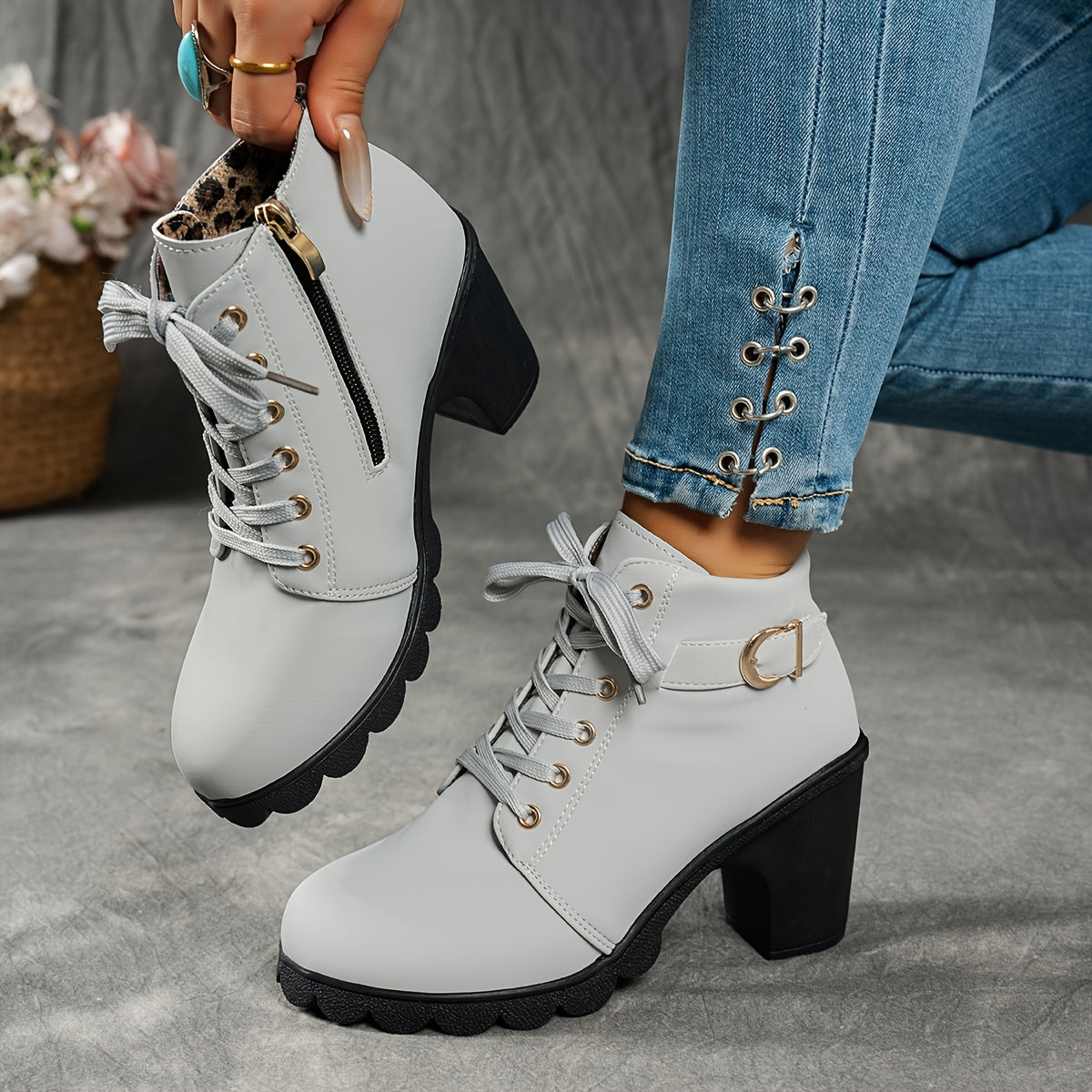 Bottines Femme Plateforme, Boucle Décorative – coloris gris