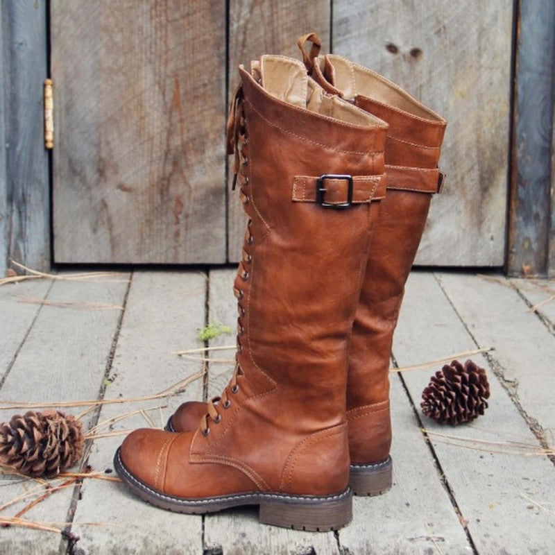 Bottes Hautes Femme à Lacets Similicuir, Sangle à Boucle