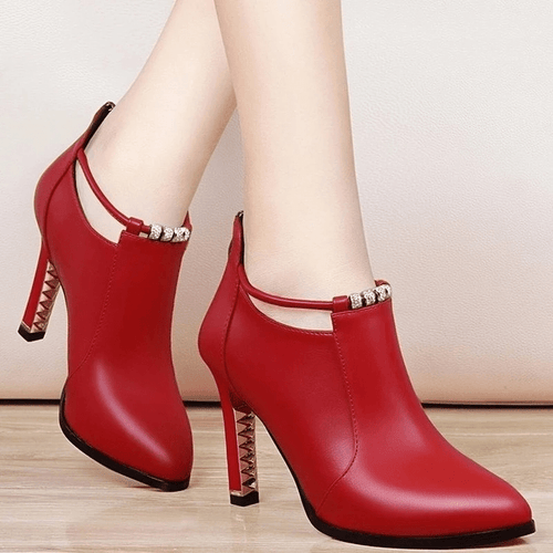 Bottines Femme Talon Aiguille, Similicuir, Bride Strass – coloris rouge