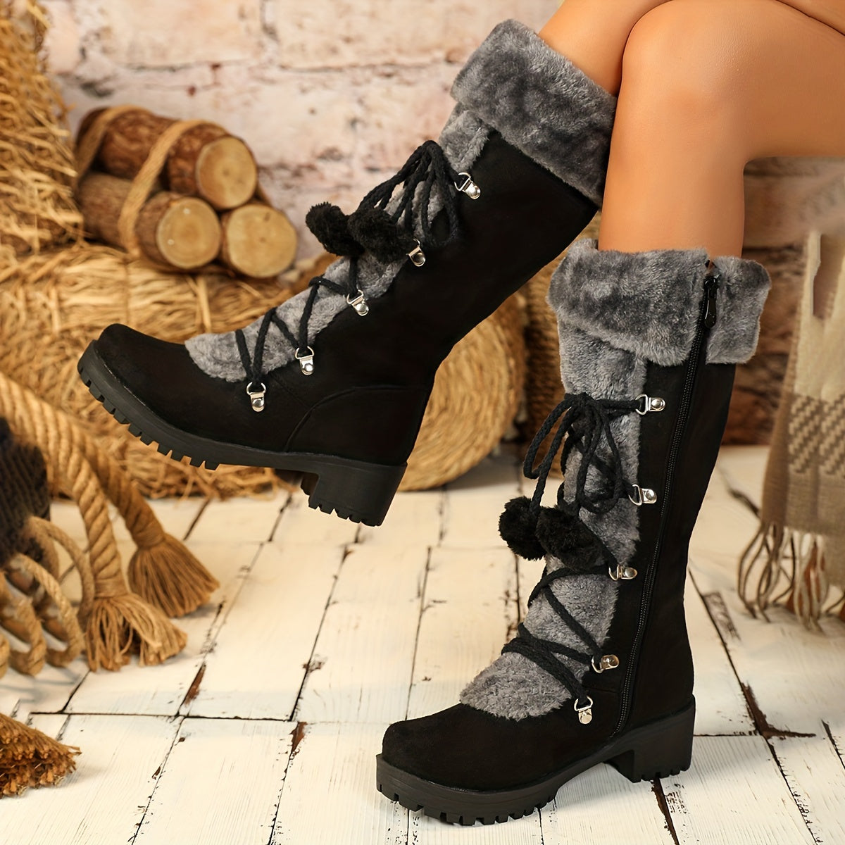 Bottes Femme Hautes à Lacets, Fourrure et Pompon, vue 4