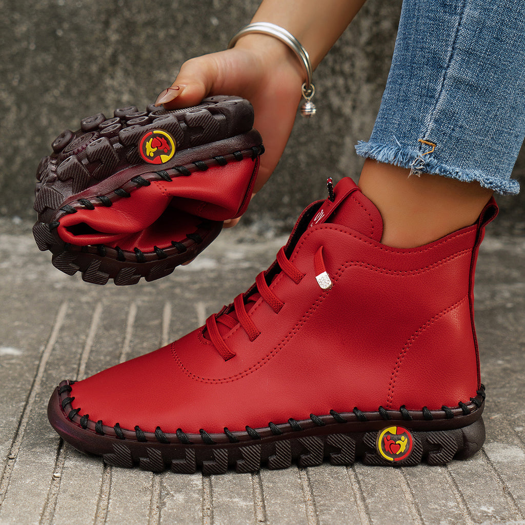 Bottes à Lacets Femme Cheville, Simili Cuir – coloris rouge