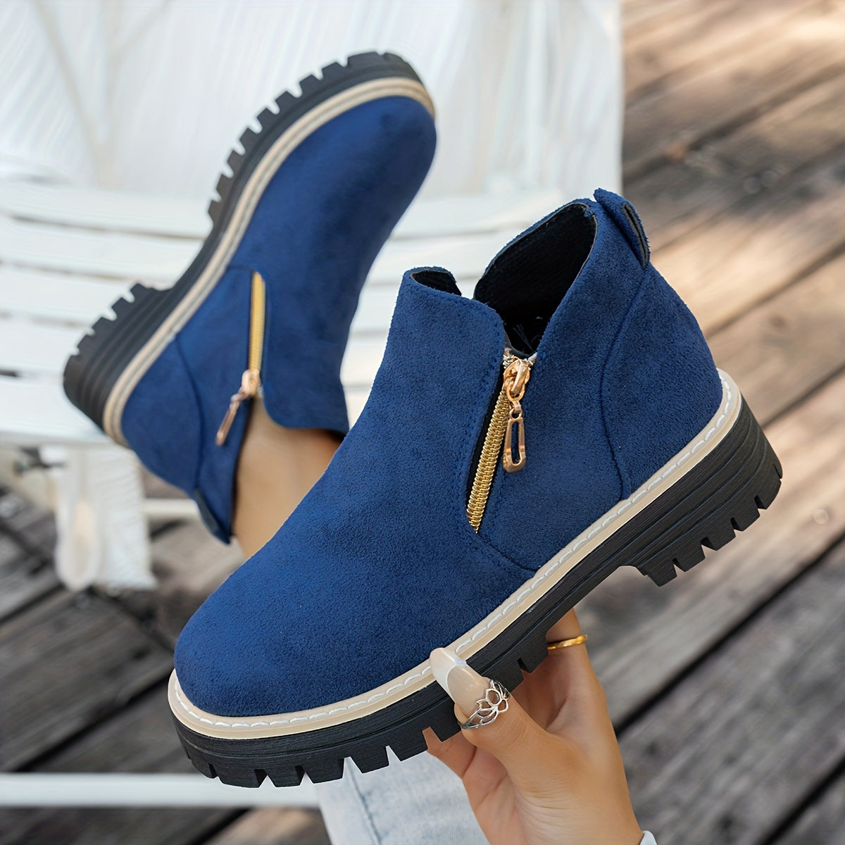 Bottines Femme Aspect Daim, Double Zip, Semelle Crantée – coloris bleu