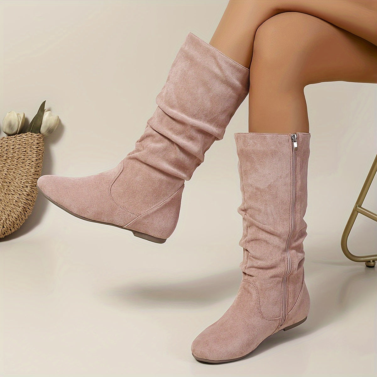 Bottines Femme Zip Latéral, Talon Plat – coloris rose