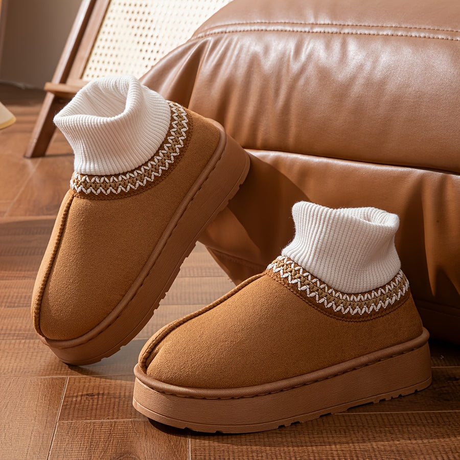 Chausson Botte Femme Aspect Daim, Col Maille, Plateforme