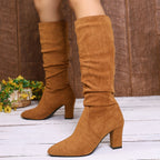 Bottes Hautes Talon Femme, Aspect Daim, Tige Plissée – coloris marron clair