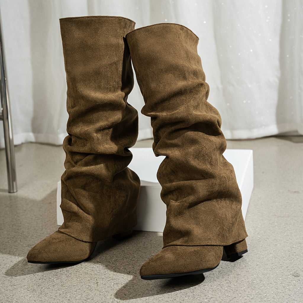 Bottes Mi-Mollet Femme Tombantes, Aspect Daim, Talon Bas – coloris kaki